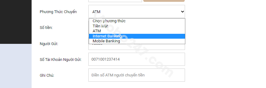 Phương thức nạp tiền bằng hình thức Internet Banking