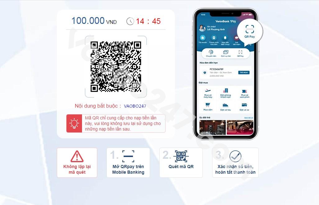 Quét mã QR để tiến hành nạp tiền vào tài khoản