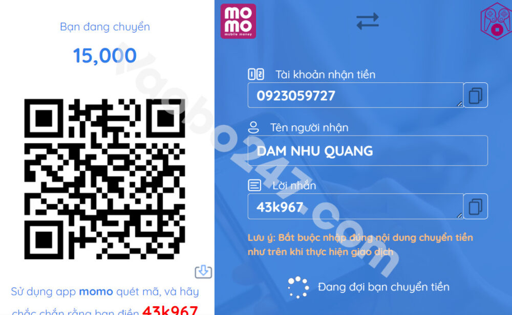 Quét mã QR và thực hiện giao dịch nạp tiền 1xbet