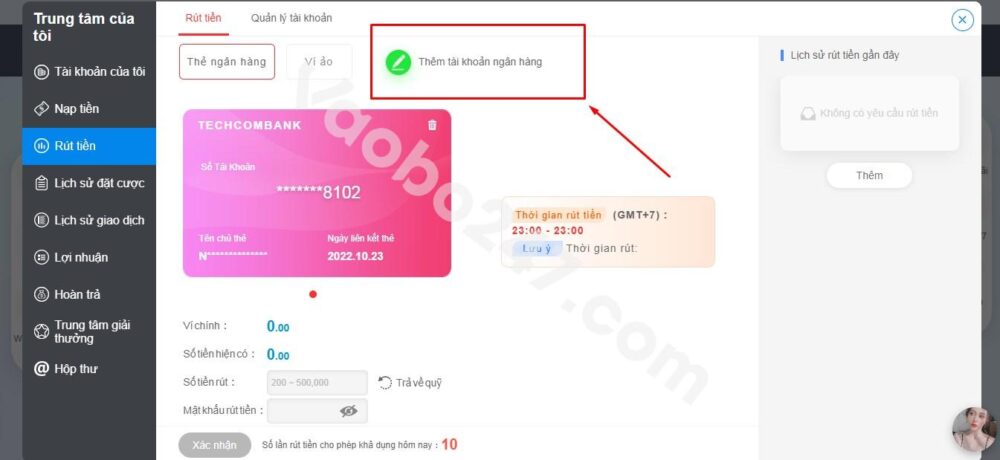 Thực hiện thêm tài khoản ngân hàng để rút tiền