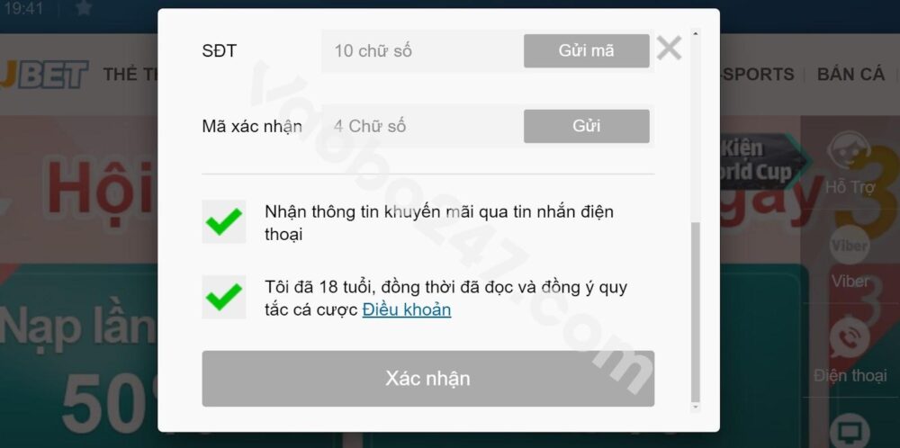 Tick vào các lựa chọn và xác nhận việc đăng ký kubet