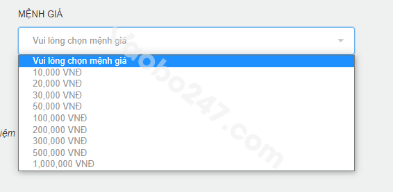 Chọn mệnh giá nạp tiền 