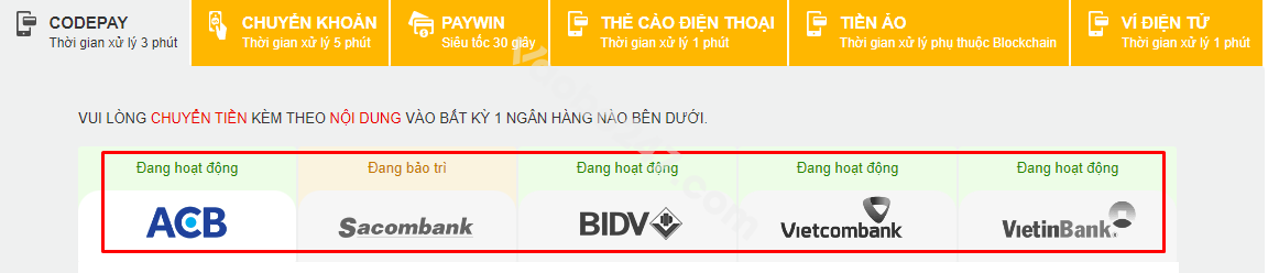 Chọn ngân hàng thực hiện giao dịch 