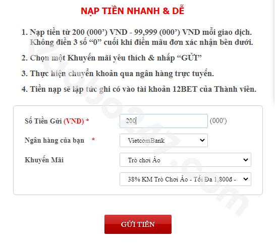 Điền thông tin nạp tiền 12Bet