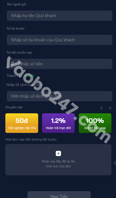 Điền thông tin nạp tiền