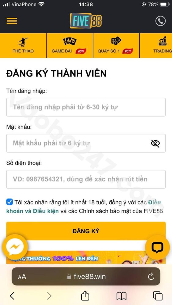 Form đăng ký Five88 trên điện thoại 