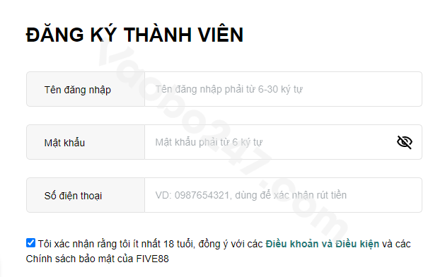 Form đăng ký thành viên tại nhà cái Five88 