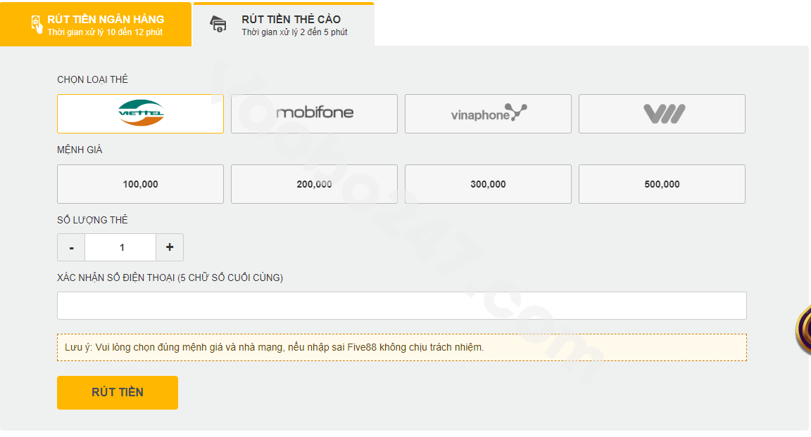 Form điền thông tin rút tiền Five88 qua thẻ cào 