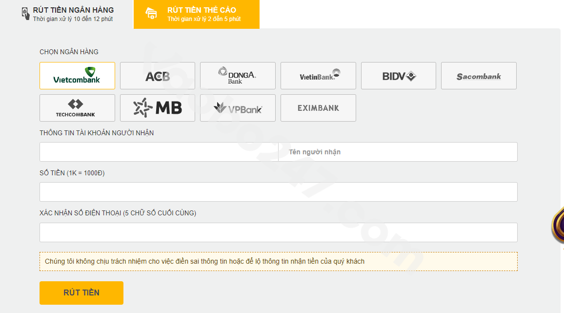 Form điền thông tin yêu cầu rút tiền từ Five88 qua ngân hàng 