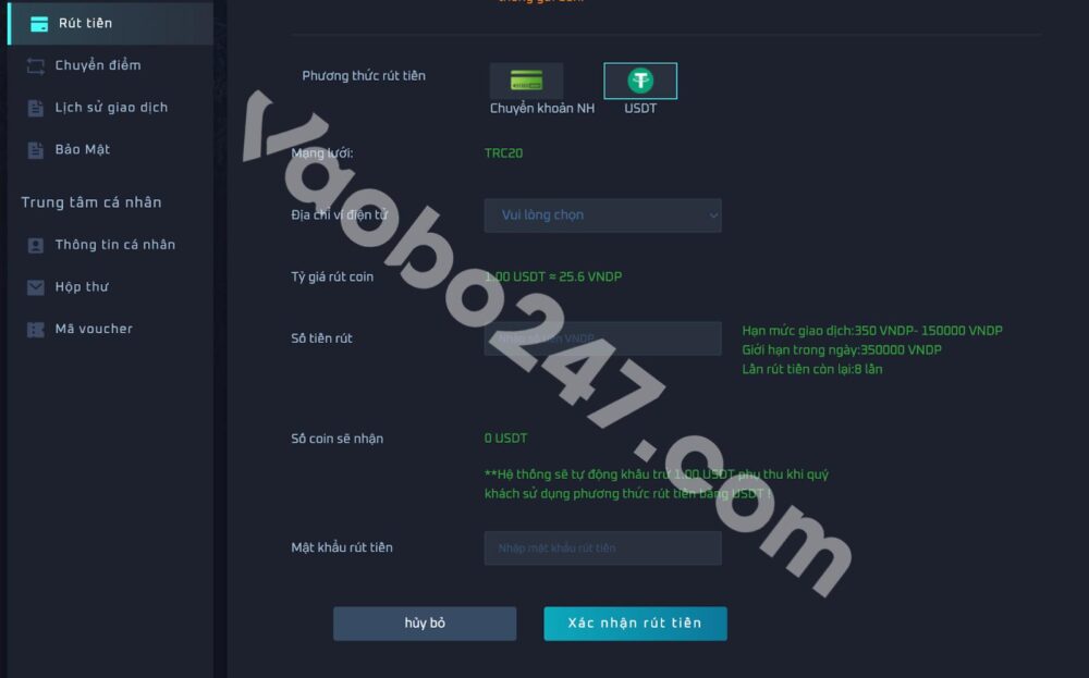 Giao diện rút tiền TF88 qua ví điện tử USDT