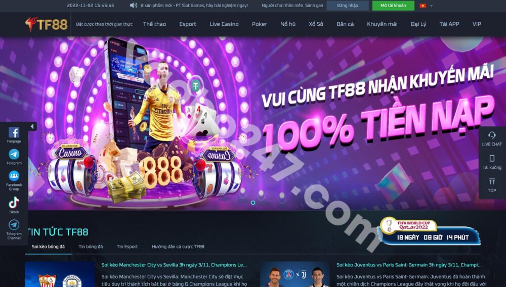 Giao diện website chính thức của TF88