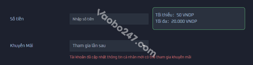 Nhập số tiền và chọn khuyến mãi