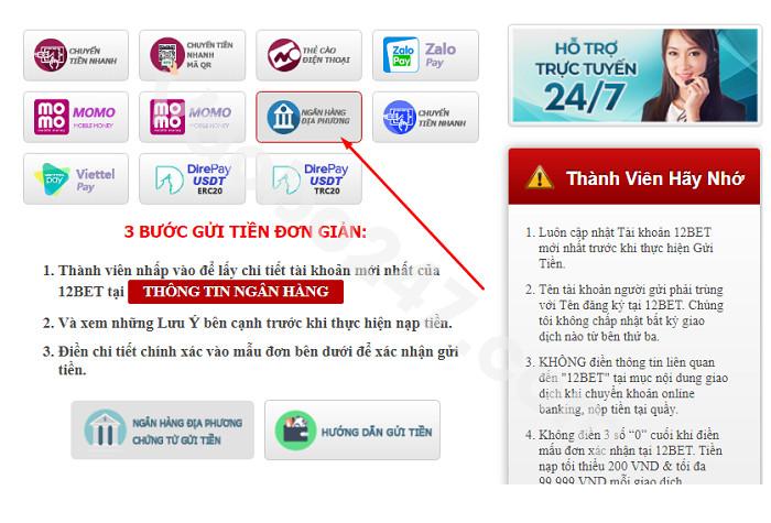Nạp tiền 12Bet qua Ngân hàng địa phương