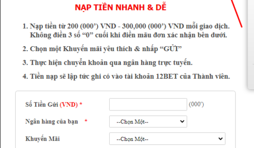 Hướng dẫn nạp tiền 12Bet chi tiết dành cho người mới