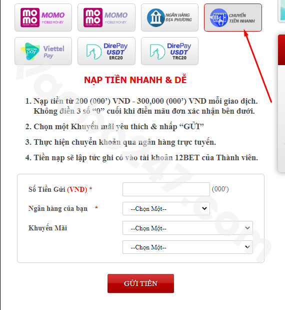 Nạp tiền qua chuyển tiền nhanh