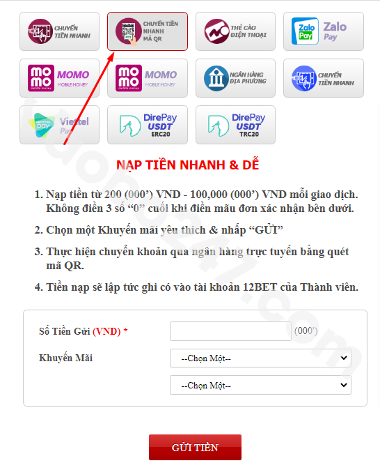 Nạp tiền qua chuyển tiền nhanh QR