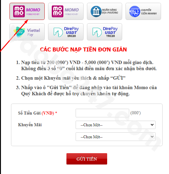 Nạp tiền qua Ví điện tử Momo
