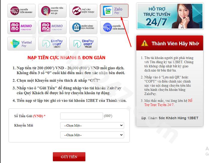 Nạp tiền qua Zalopay