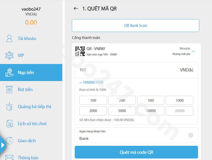 Nạp tiền VN138 qua QR code