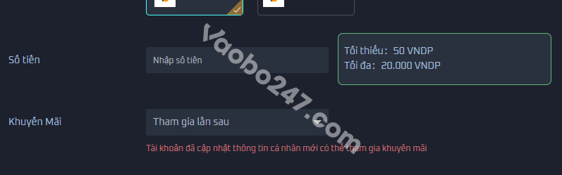 Nhập số tiền và chọn khuyến mãi 