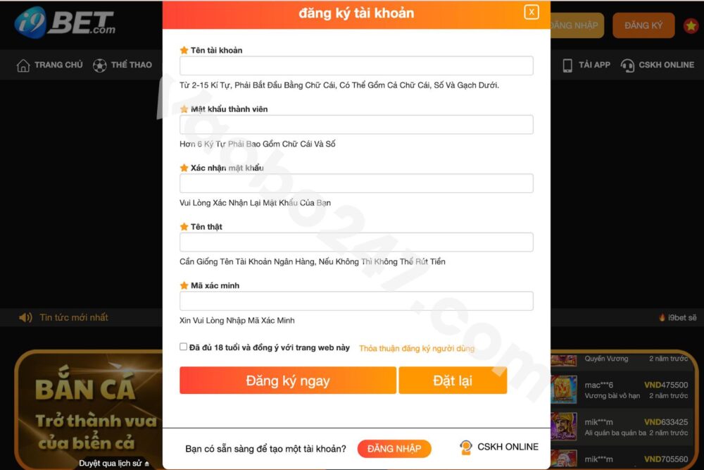 Form điền thông tin đăng ký i9Bet 