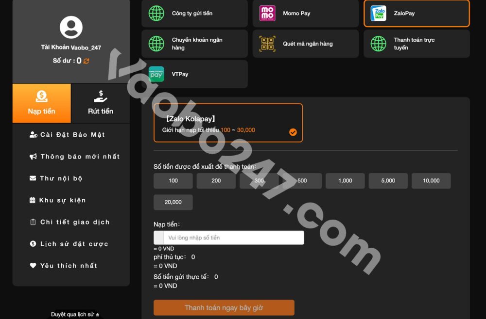 Giao diện nạp tiền i9Bet qua Zalo Pay