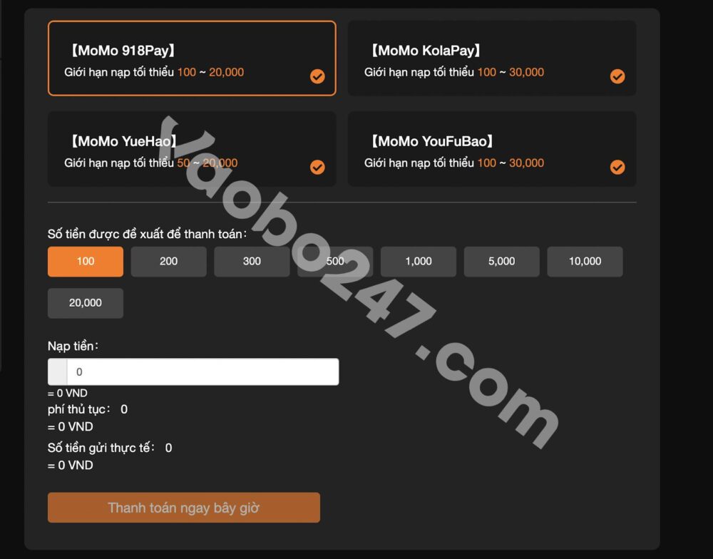 Giao diện nạp tiền Momo Pay 