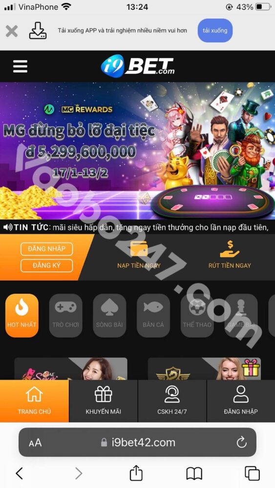 Giao diện website i9Bet khi truy cập trên điện thoại 